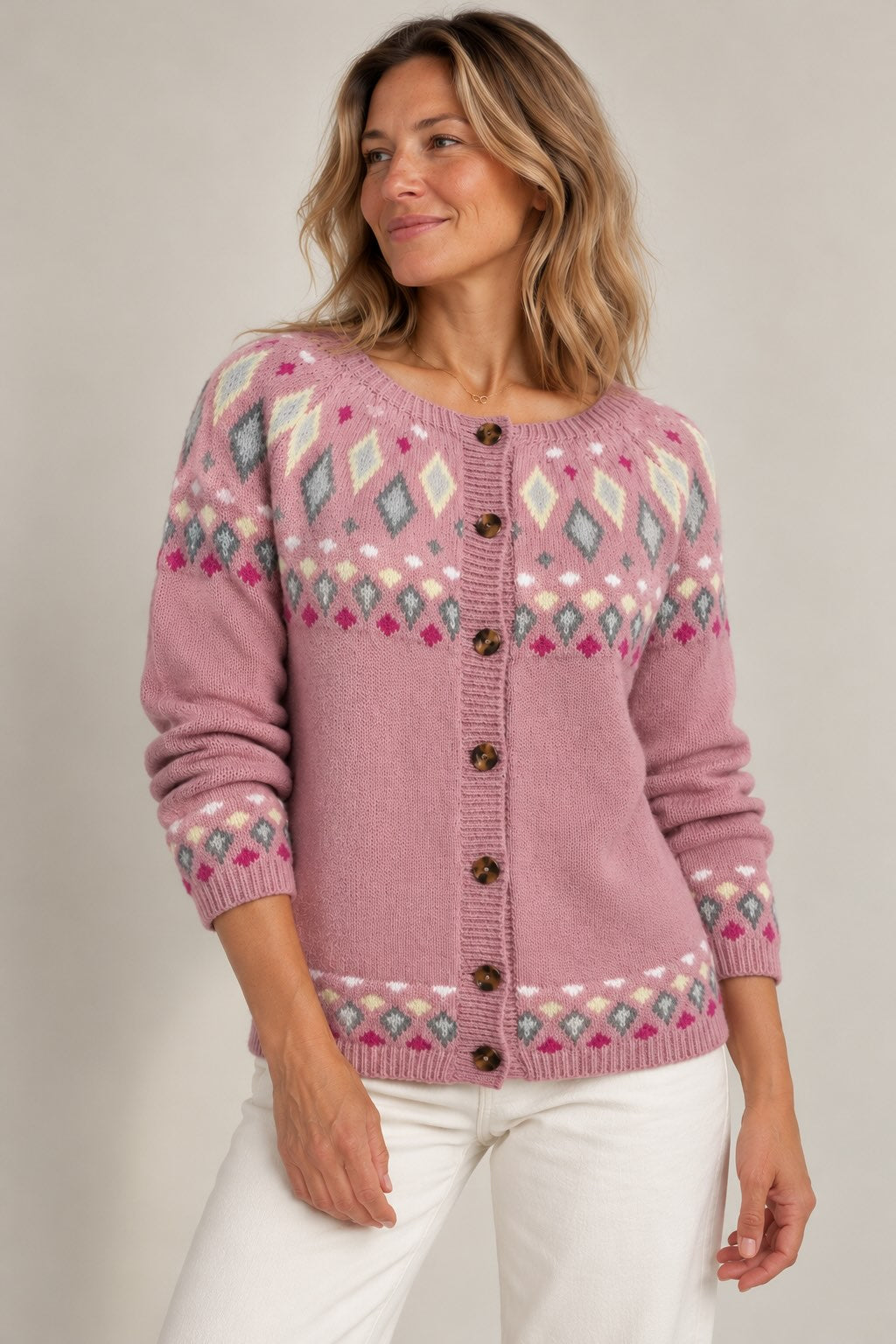 Ainara | Cárdigan rosa con estampado noruego