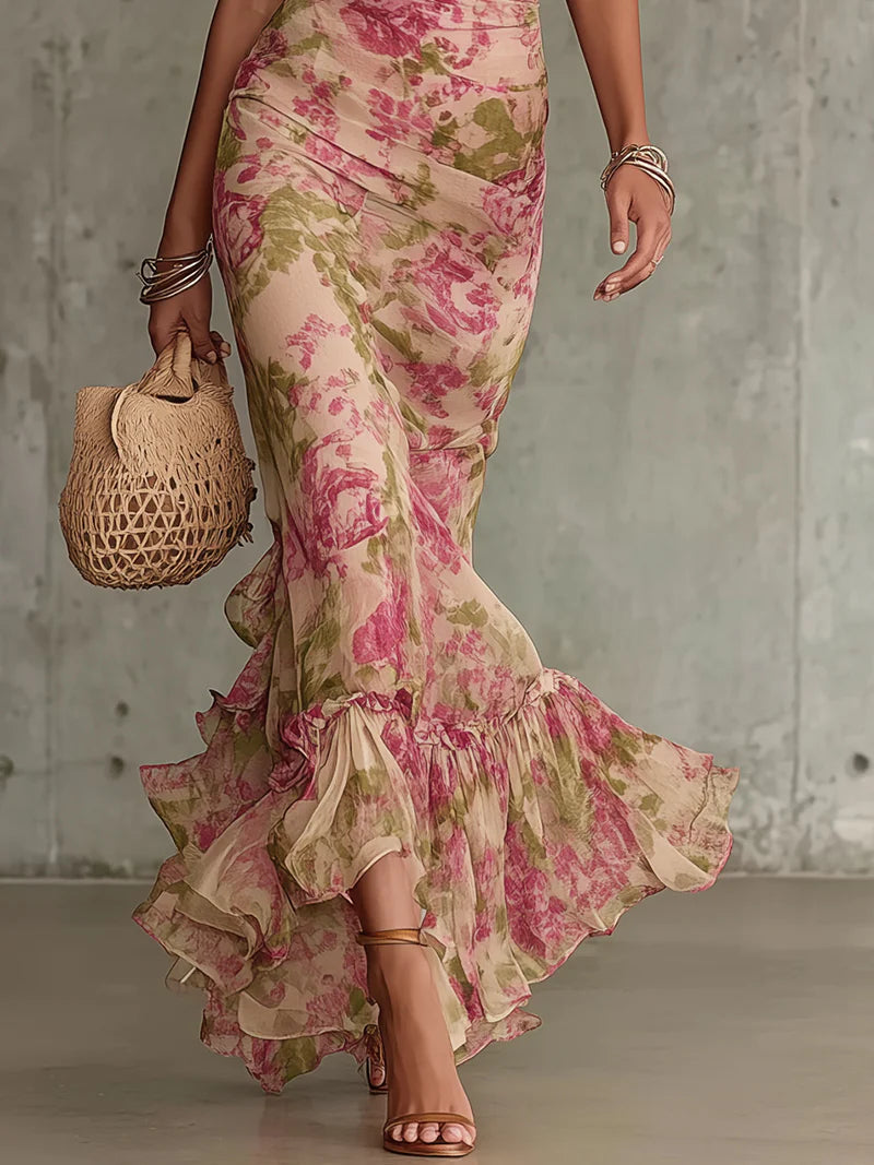 Vestido largo con estampado vintage de rosas y mangas abullonadas