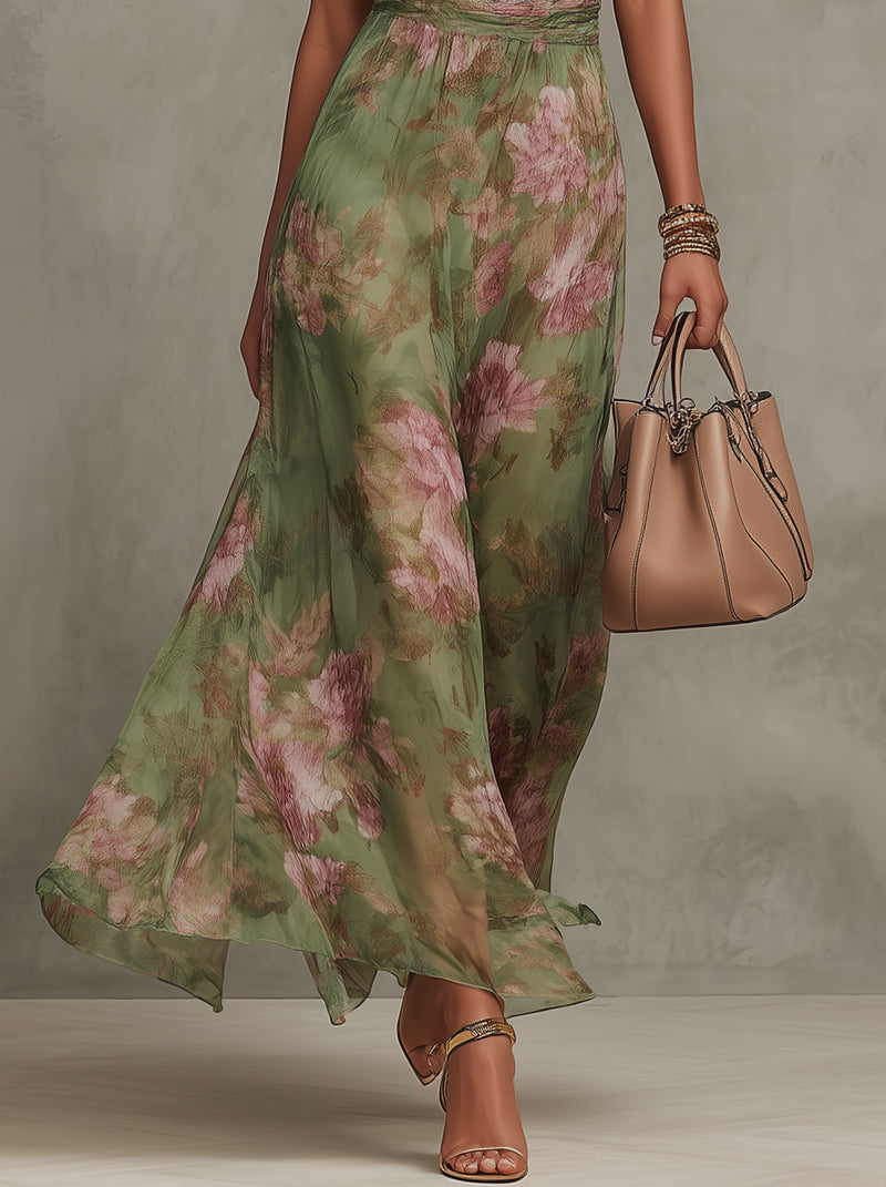 Serena - Vestido largo verde con estampado floral de gasa y escote halter