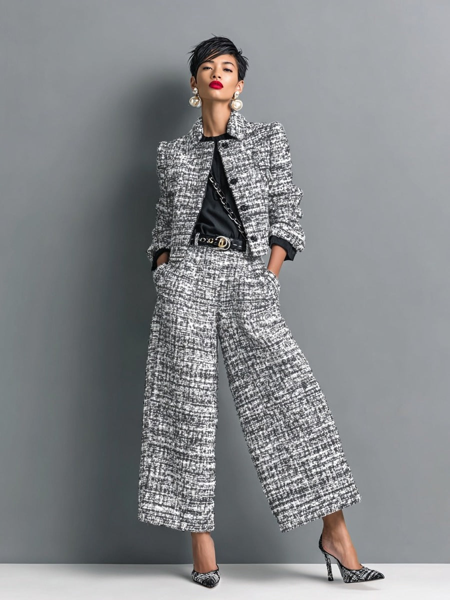 Ainara | Conjunto Tweed con Chaqueta Corta y Pantalón Ancho