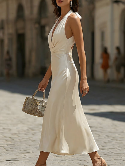 Elena - Vestido largo de satén con escote en V