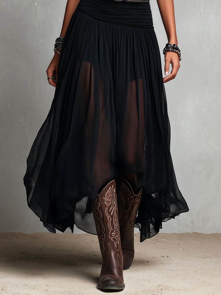 Vestido largo elástico negro de estilo boho-western con falda transparente