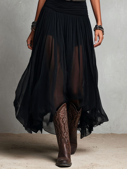Vestido largo elástico negro de estilo boho-western con falda transparente