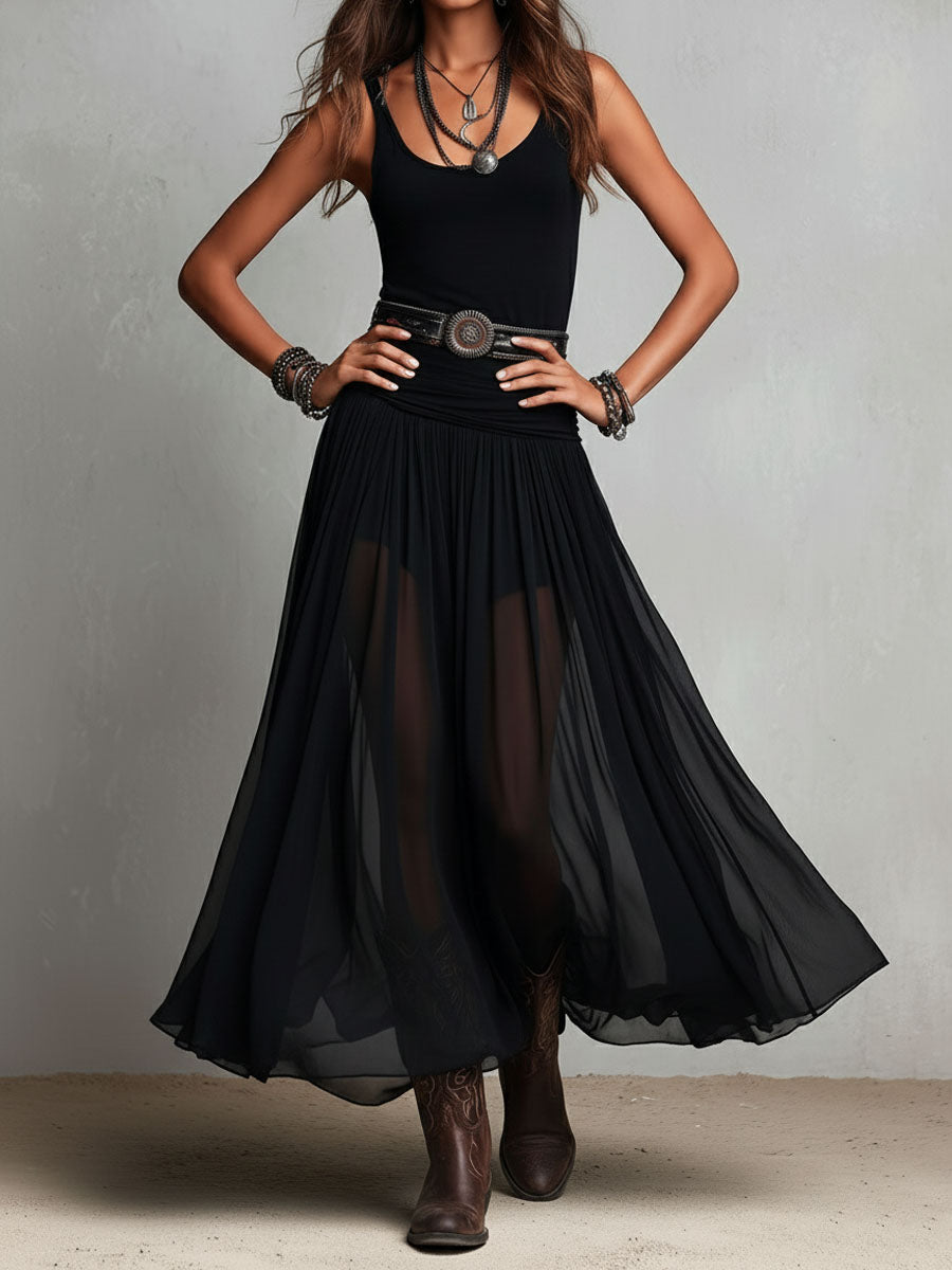 Vestido largo elástico negro de estilo boho-western con falda transparente