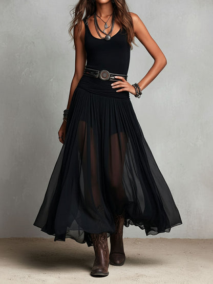 Vestido largo elástico negro de estilo boho-western con falda transparente