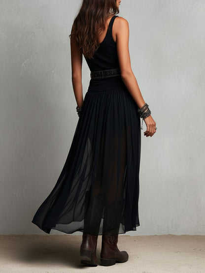 Vestido largo elástico negro de estilo boho-western con falda transparente