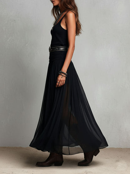 Vestido largo elástico negro de estilo boho-western con falda transparente