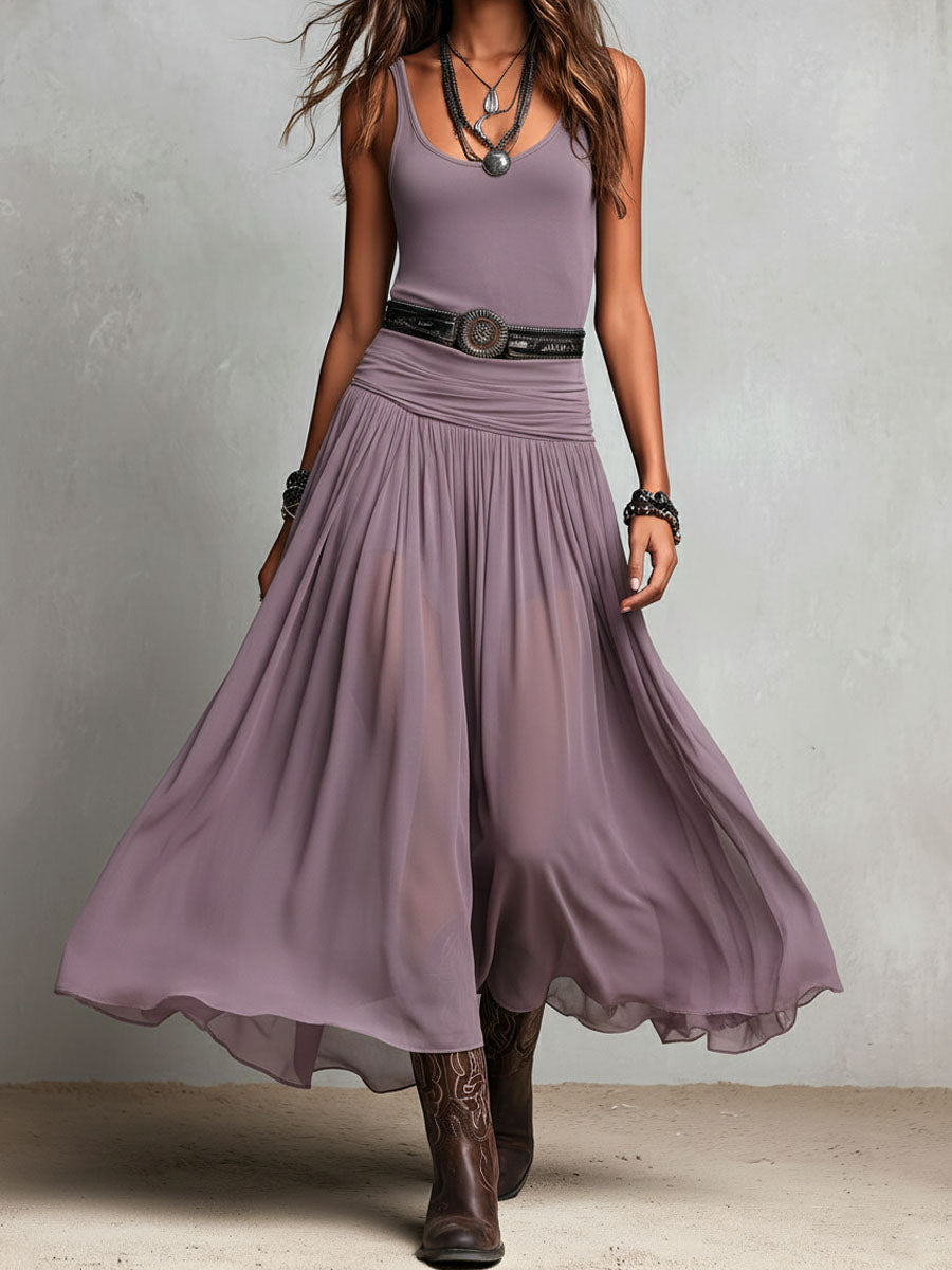 Vestido largo elástico negro de estilo boho-western con falda transparente