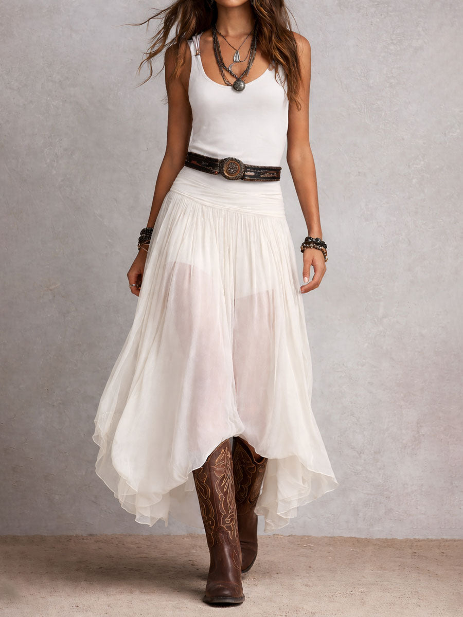 Vestido largo elástico negro de estilo boho-western con falda transparente
