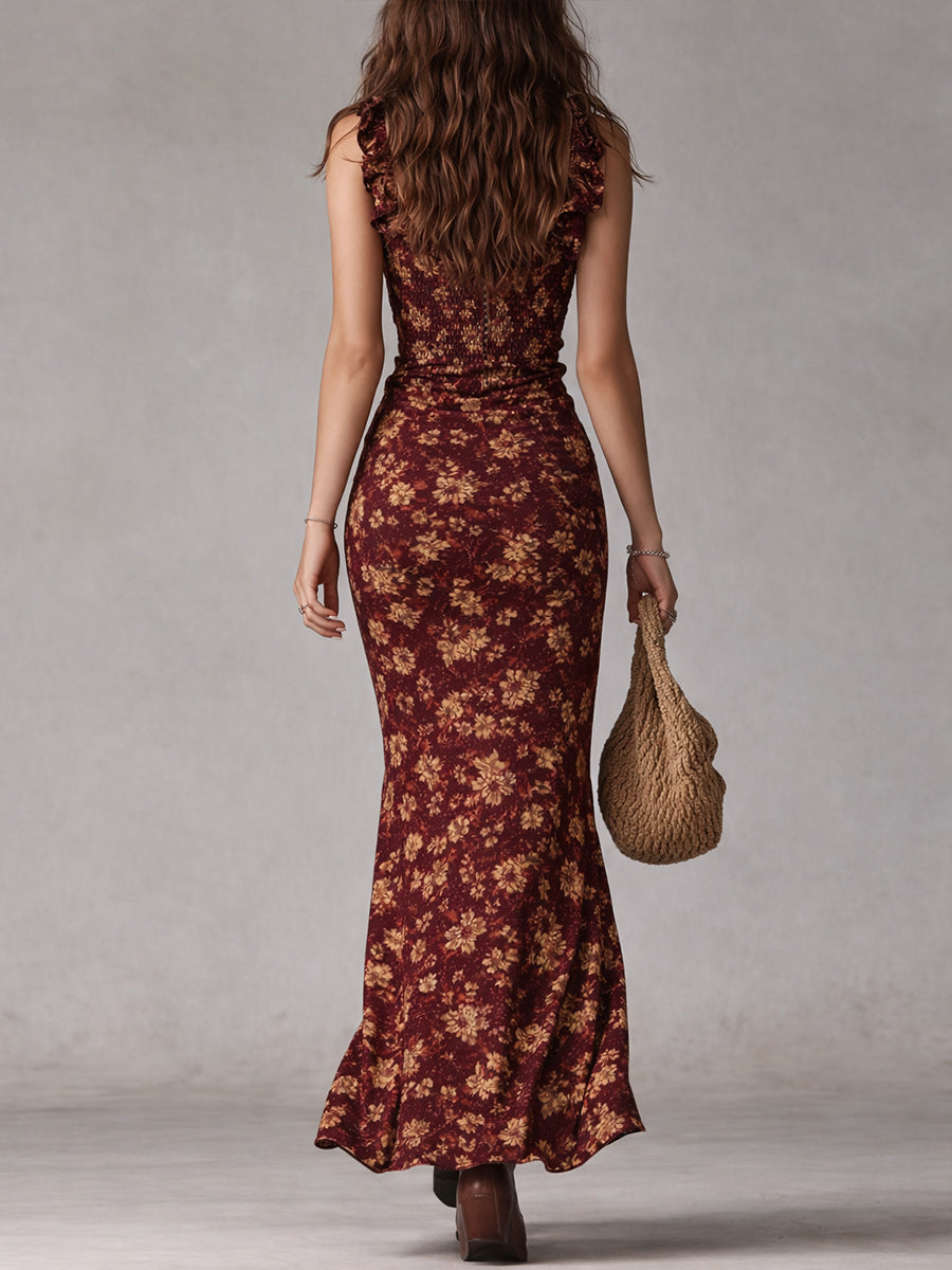 Vestido maxi de estilo boho retro con mangas con volantes y abertura alta