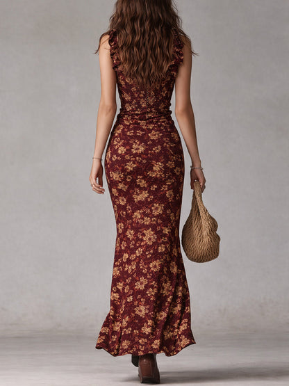 Vestido maxi de estilo boho retro con mangas con volantes y abertura alta