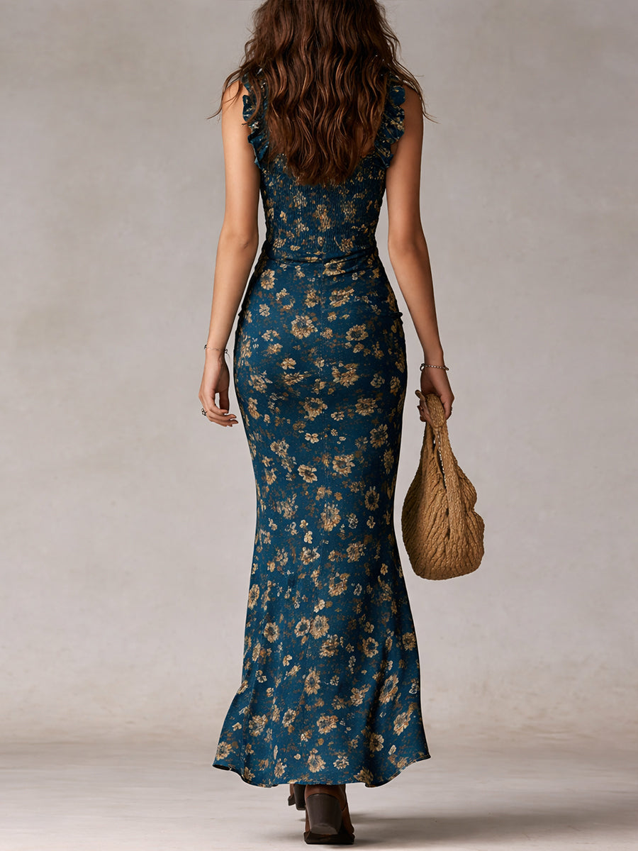 Vestido maxi de estilo boho retro con mangas con volantes y abertura alta