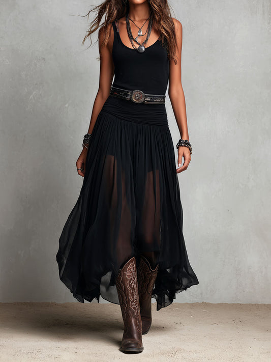 Vestido largo elástico negro de estilo boho-western con falda transparente