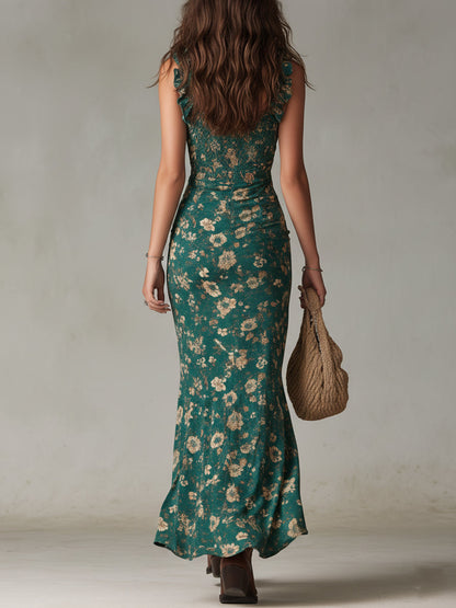 Vestido maxi de estilo boho retro con mangas con volantes y abertura alta