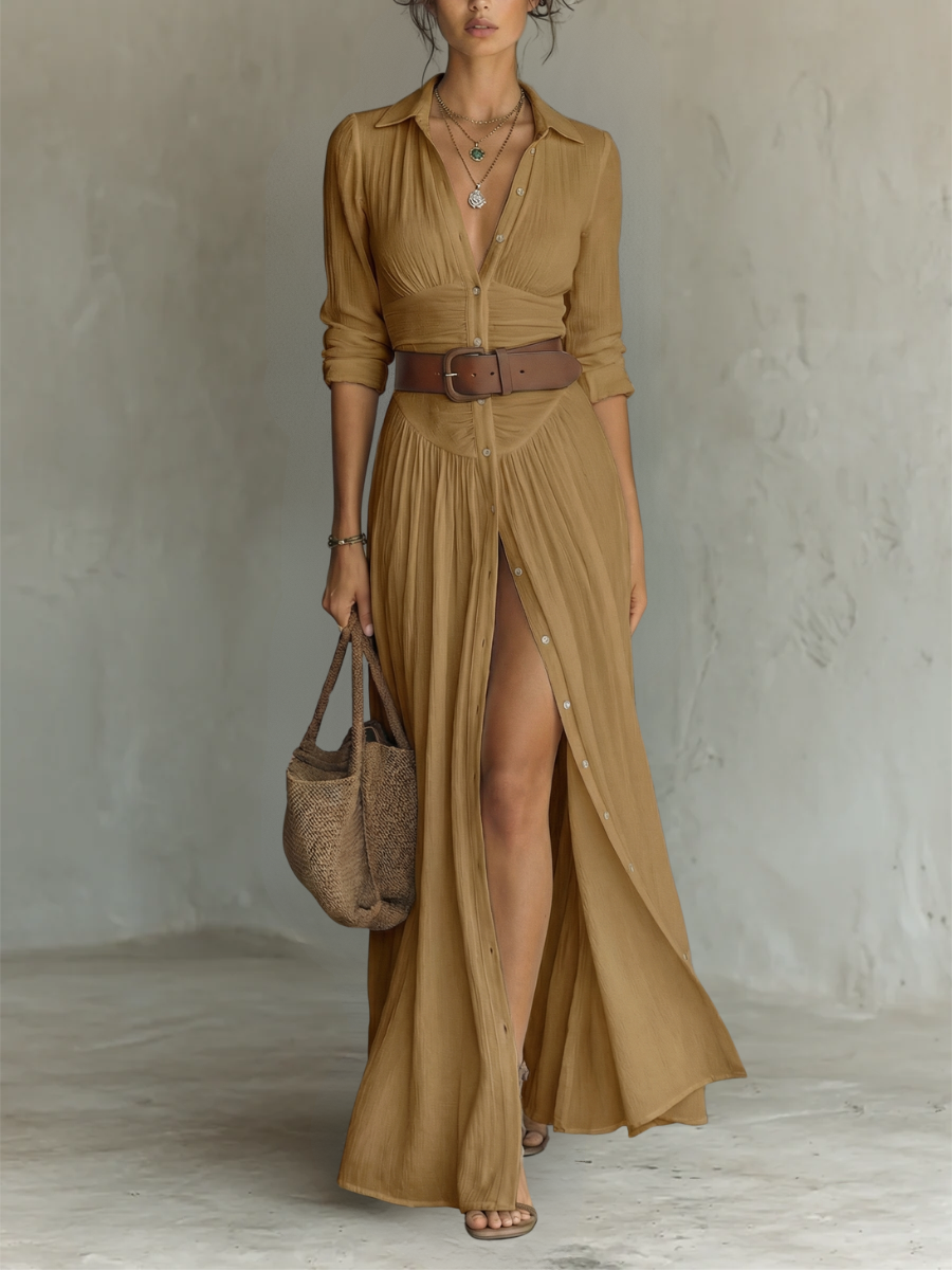 Vestido largo con cuello de solapa y mangas largas