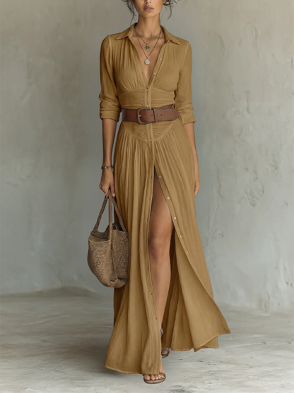 Vestido largo con cuello de solapa y mangas largas