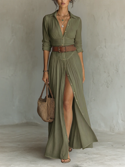 Vestido largo con cuello de solapa y mangas largas