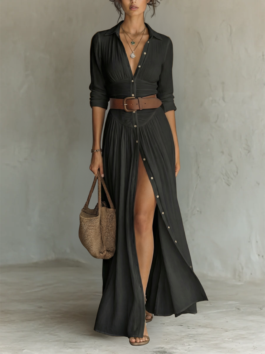Vestido largo con cuello de solapa y mangas largas