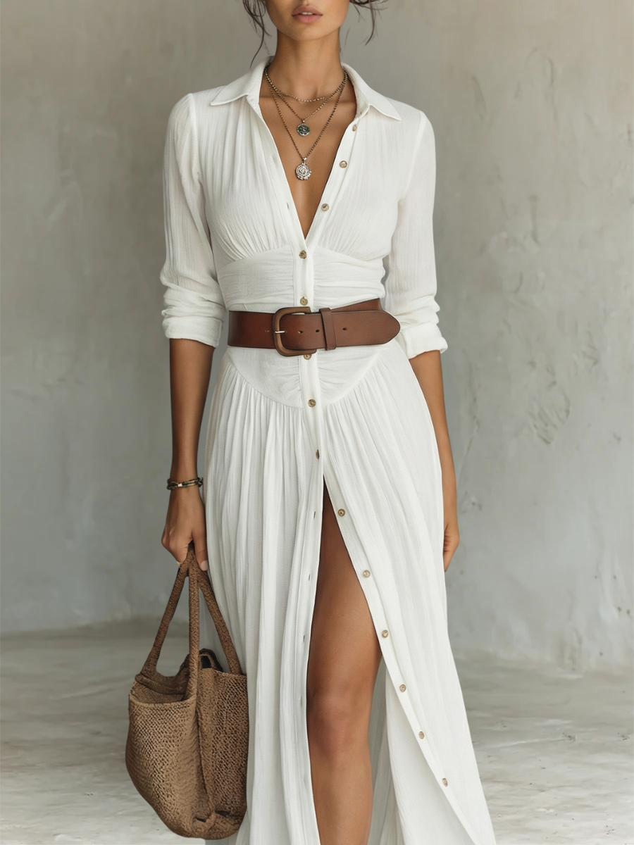 Vestido largo con cuello de solapa y mangas largas
