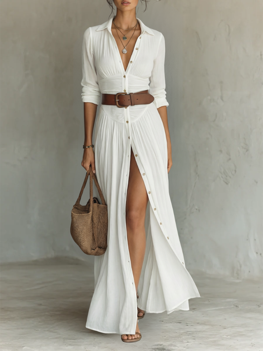 Vestido largo con cuello de solapa y mangas largas