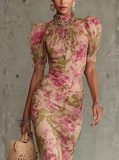 Vestido largo con estampado vintage de rosas y mangas abullonadas