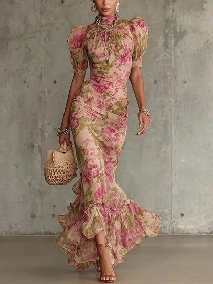Vestido largo con estampado vintage de rosas y mangas abullonadas