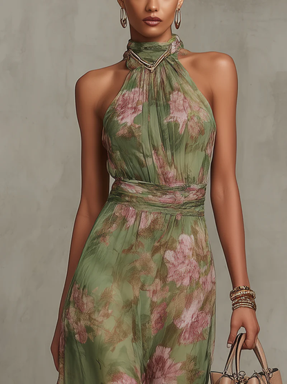 Serena - Vestido largo verde con estampado floral de gasa y escote halter
