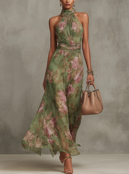 Serena - Vestido largo verde con estampado floral de gasa y escote halter