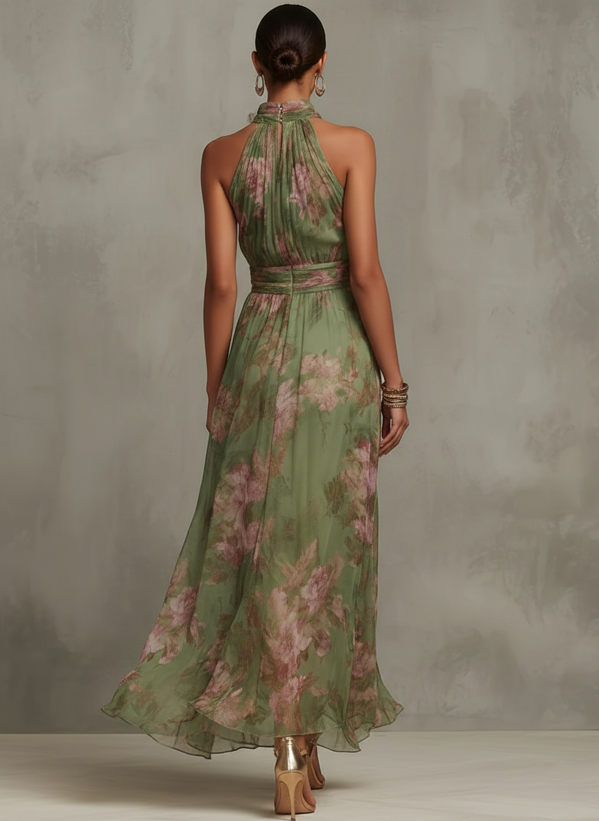 Serena - Vestido largo verde con estampado floral de gasa y escote halter