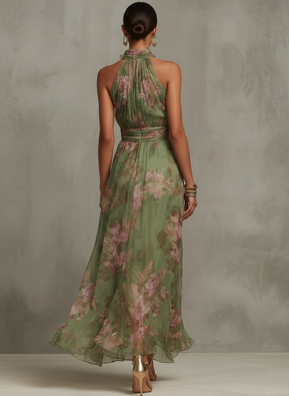 Serena - Vestido largo verde con estampado floral de gasa y escote halter