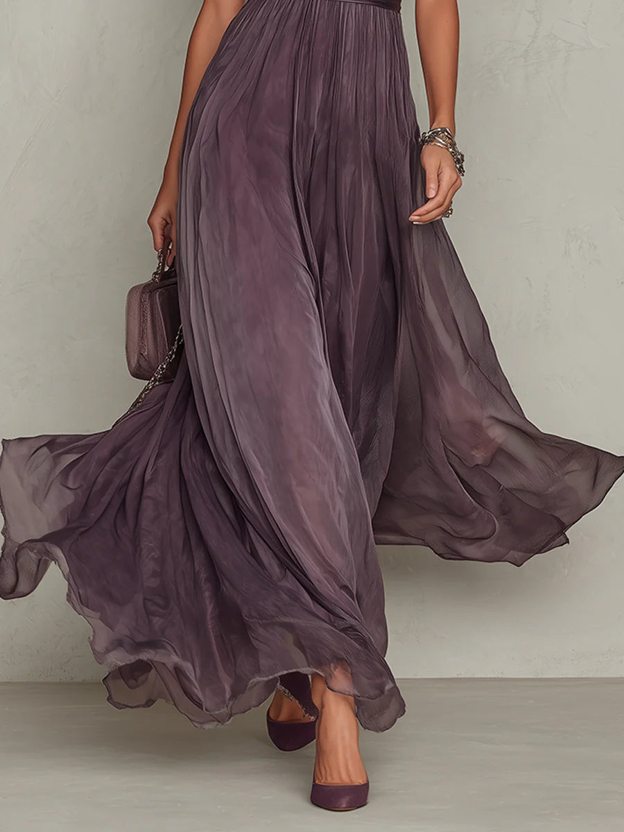 Vestido largo morado con escote en forma de cerradura y ribete de encaje de gasa