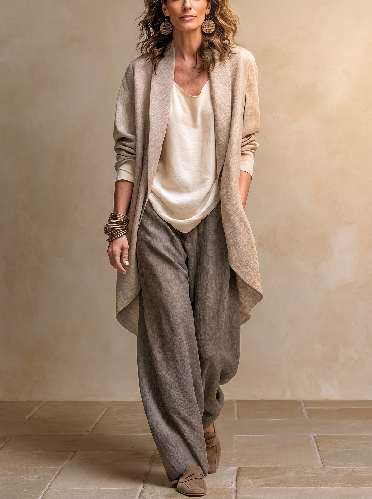 Ainara | Conjunto 3 Piezas Palazzo, Beige y Gris