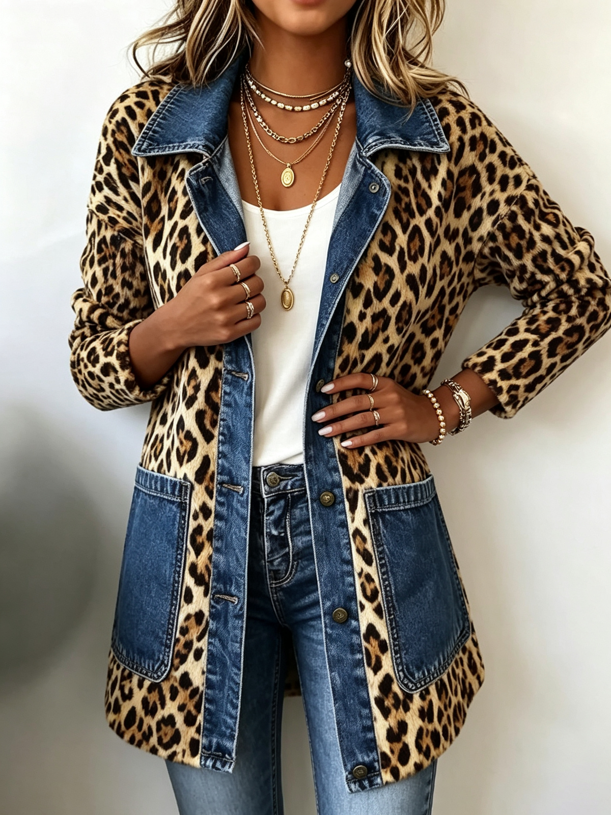 Lorena™ | Chaqueta Larga Leopardo con Detalles Denim