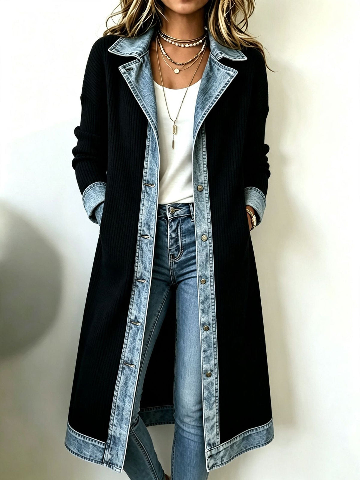 Ainara | Cárdigan largo de punto con detalles de denim