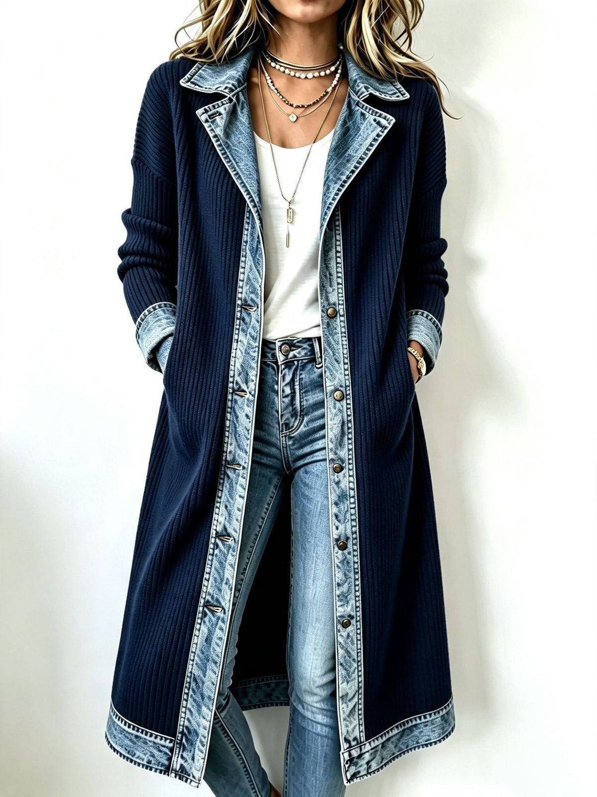 Ainara | Cárdigan largo de punto con detalles de denim