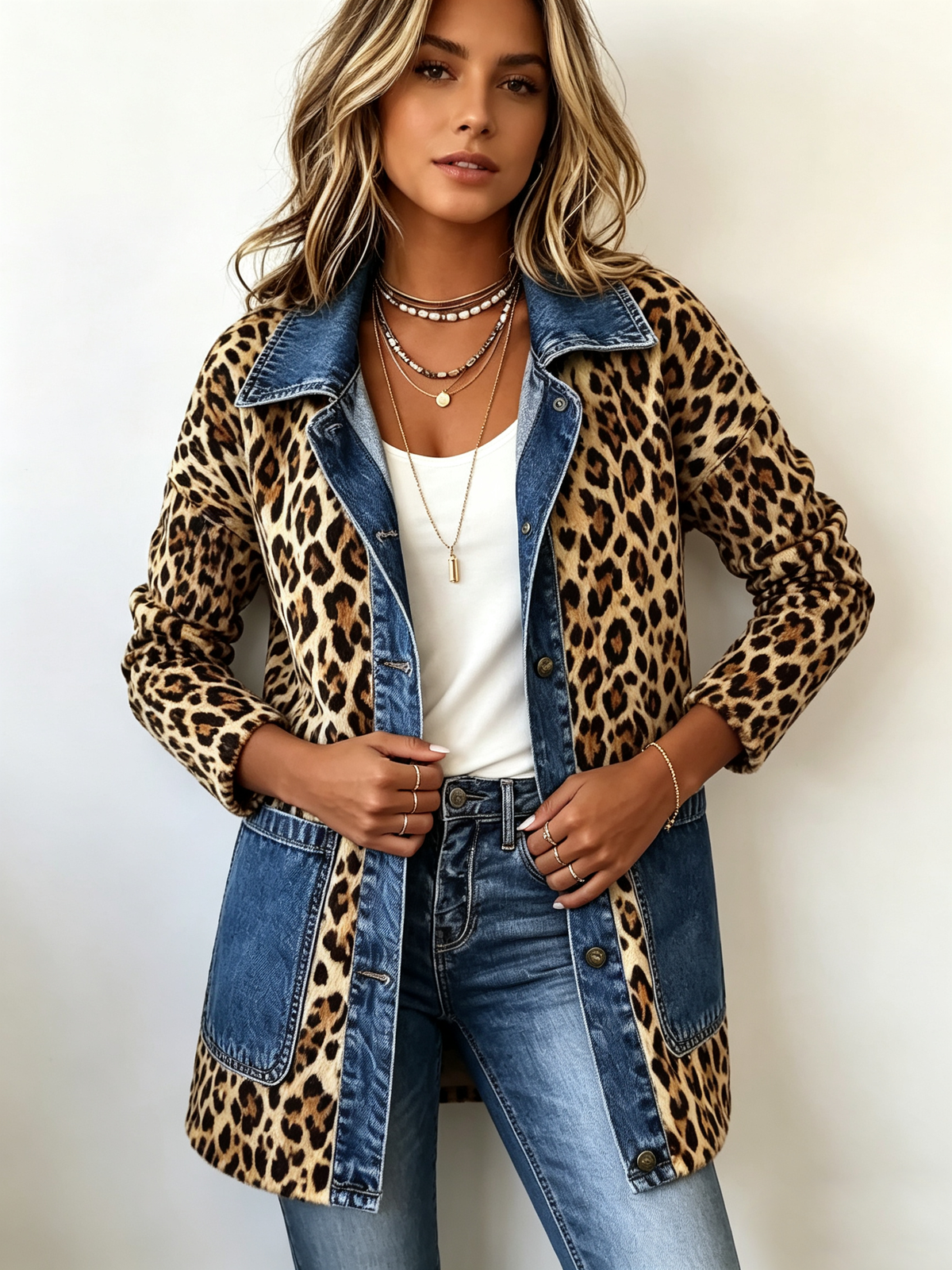 Lorena™ | Chaqueta Larga Leopardo con Detalles Denim