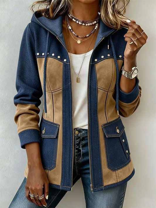 Adriana™ | Chaqueta con Capucha en Azul Marino y Camel