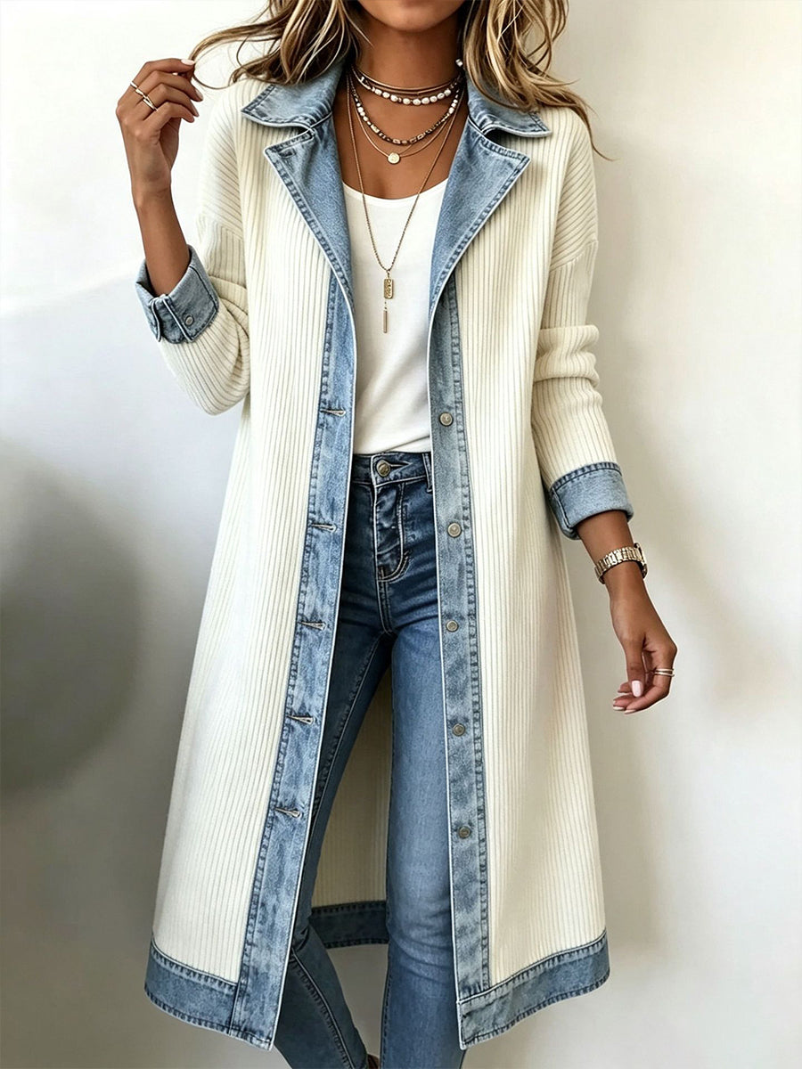 Ainara | Cárdigan largo de punto con detalles de denim