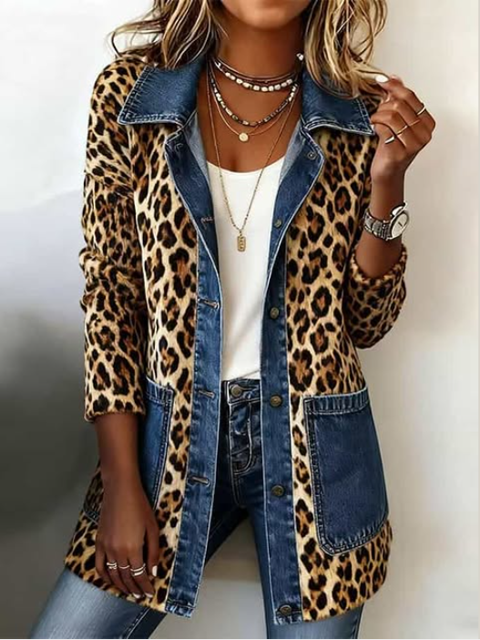 Lorena™ | Chaqueta Larga Leopardo con Detalles Denim