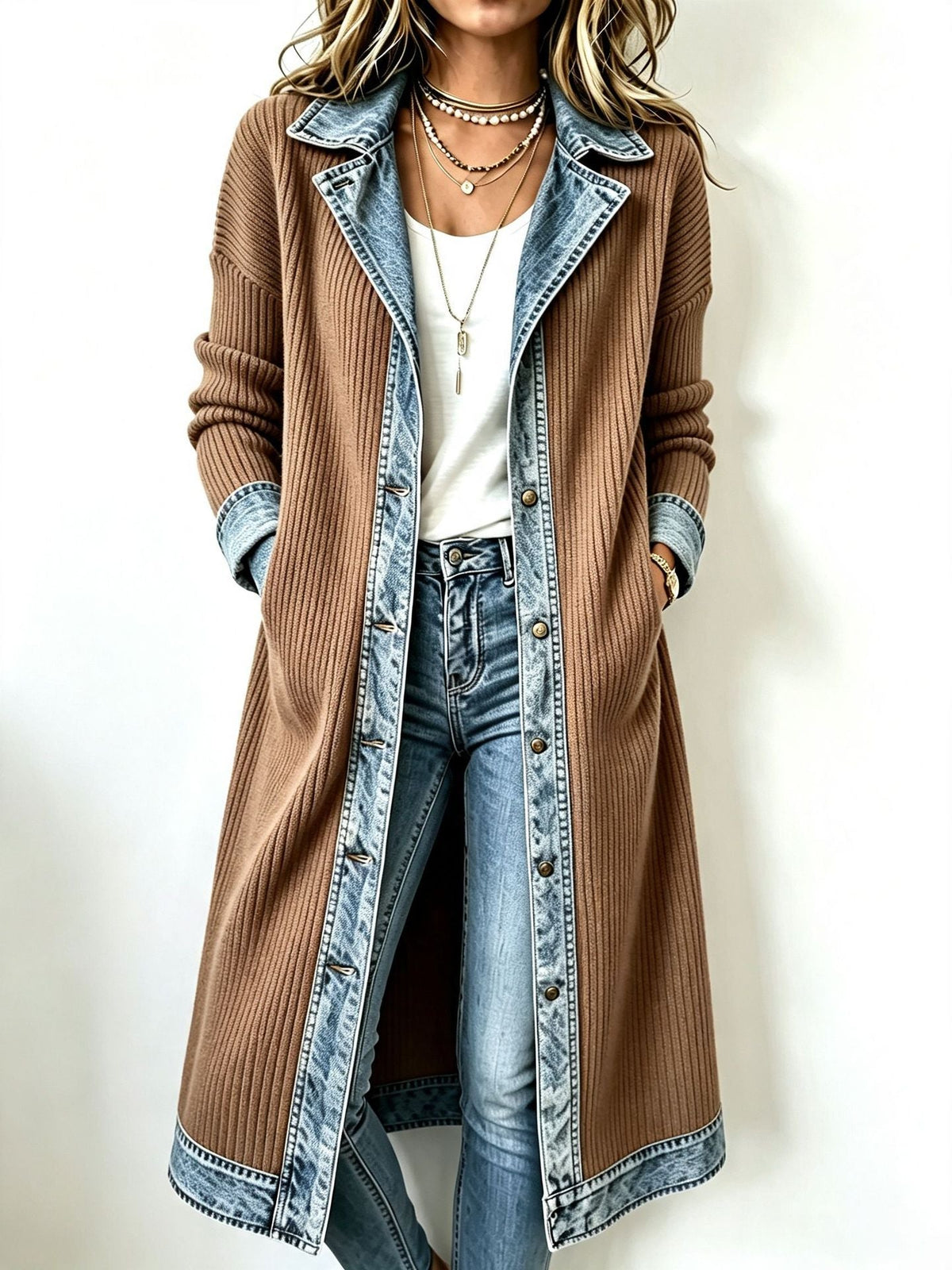 Ainara | Cárdigan largo de punto con detalles de denim