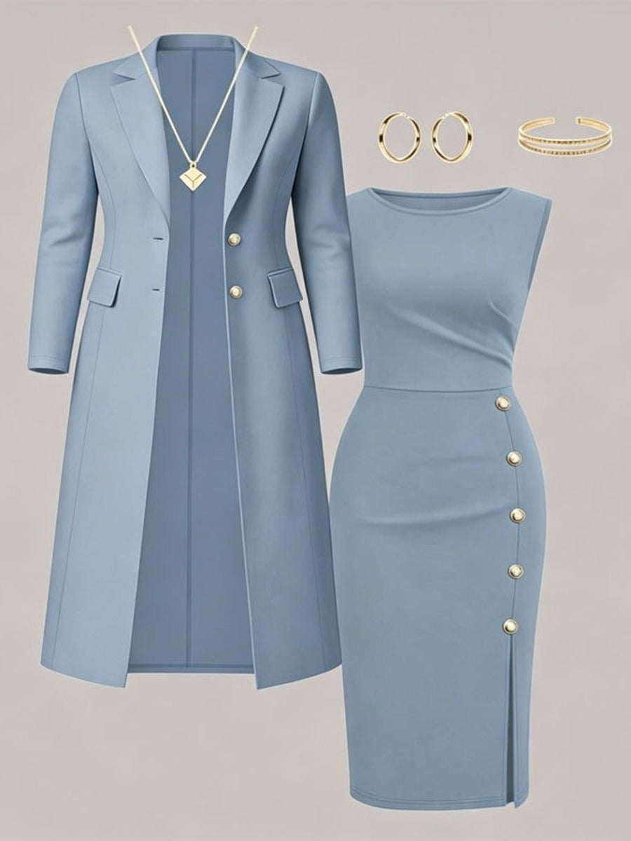 Ainara | Blazer Largo y Vestido con Botones Dorados