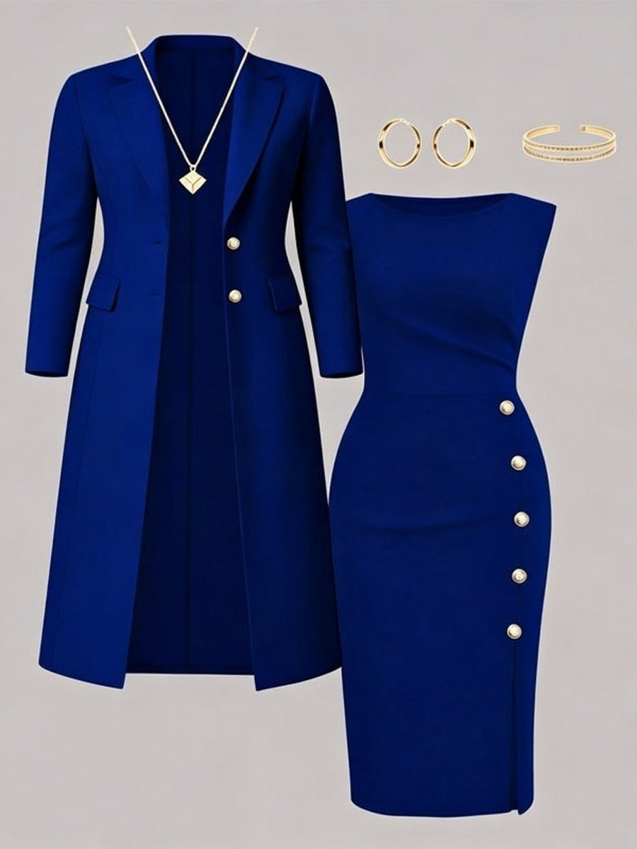 Ainara | Blazer Largo y Vestido con Botones Dorados