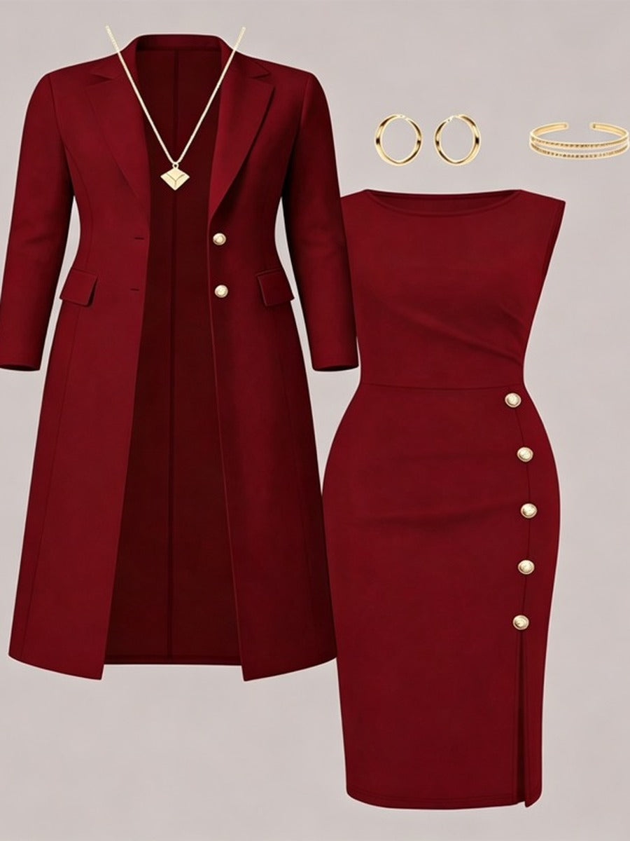 Ainara | Blazer Largo y Vestido con Botones Dorados