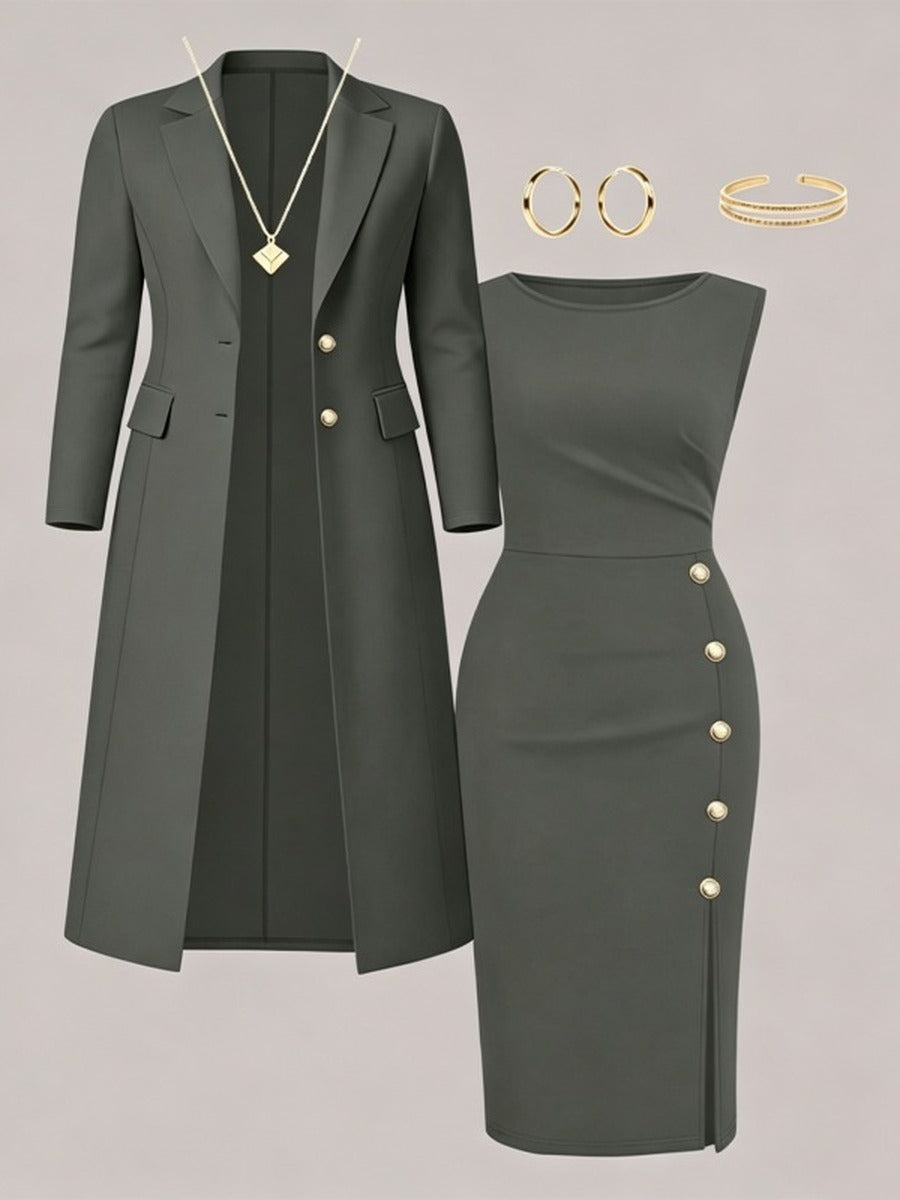 Ainara | Blazer Largo y Vestido con Botones Dorados
