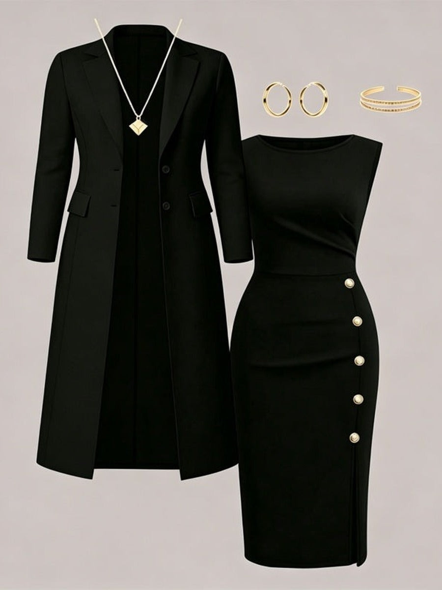Ainara | Blazer Largo y Vestido con Botones Dorados