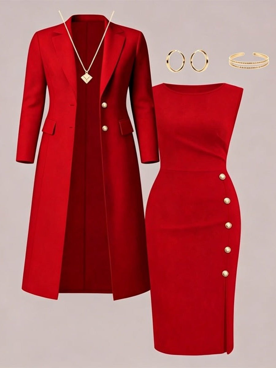 Ainara | Blazer Largo y Vestido con Botones Dorados