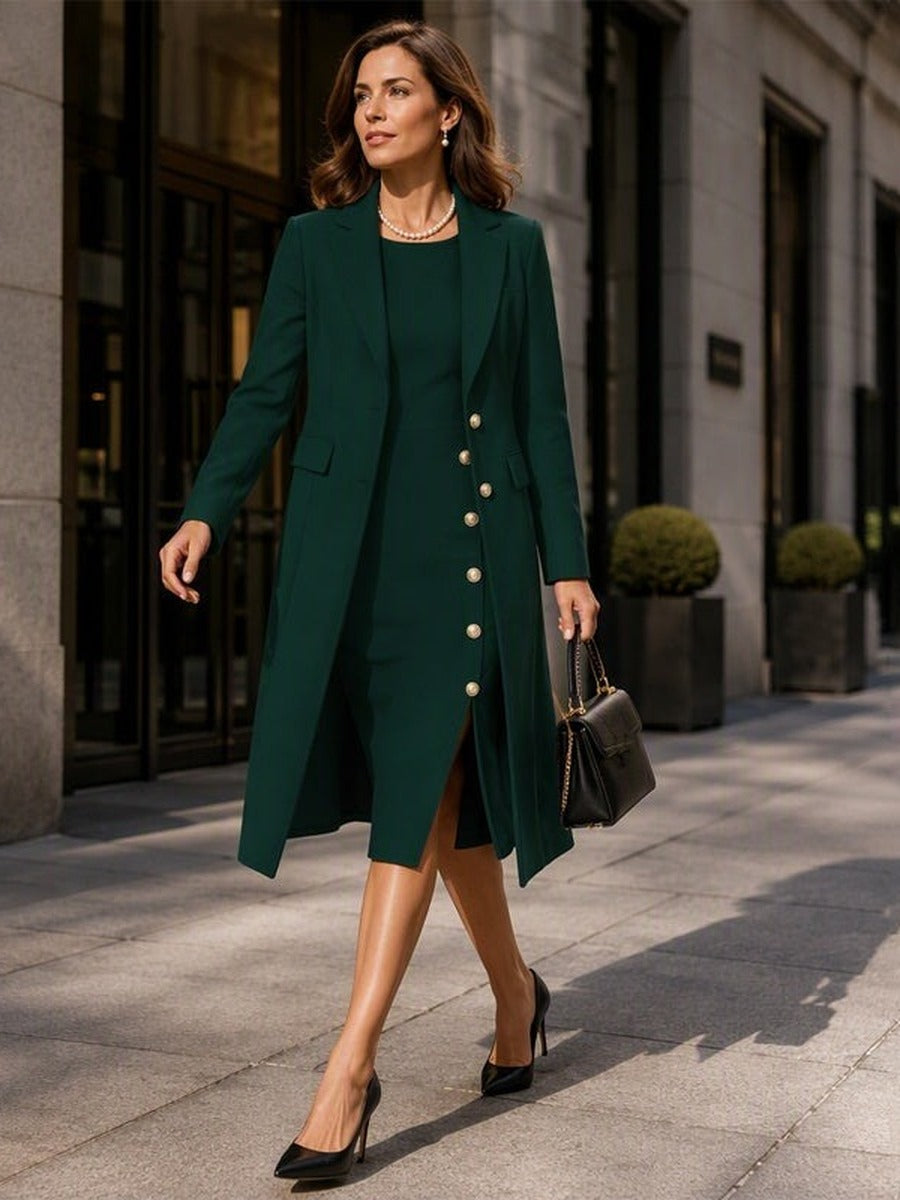 Ainara | Blazer Largo y Vestido con Botones Dorados
