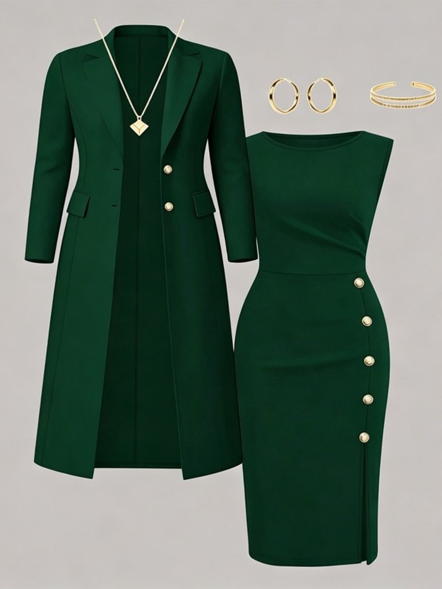 Ainara | Blazer Largo y Vestido con Botones Dorados