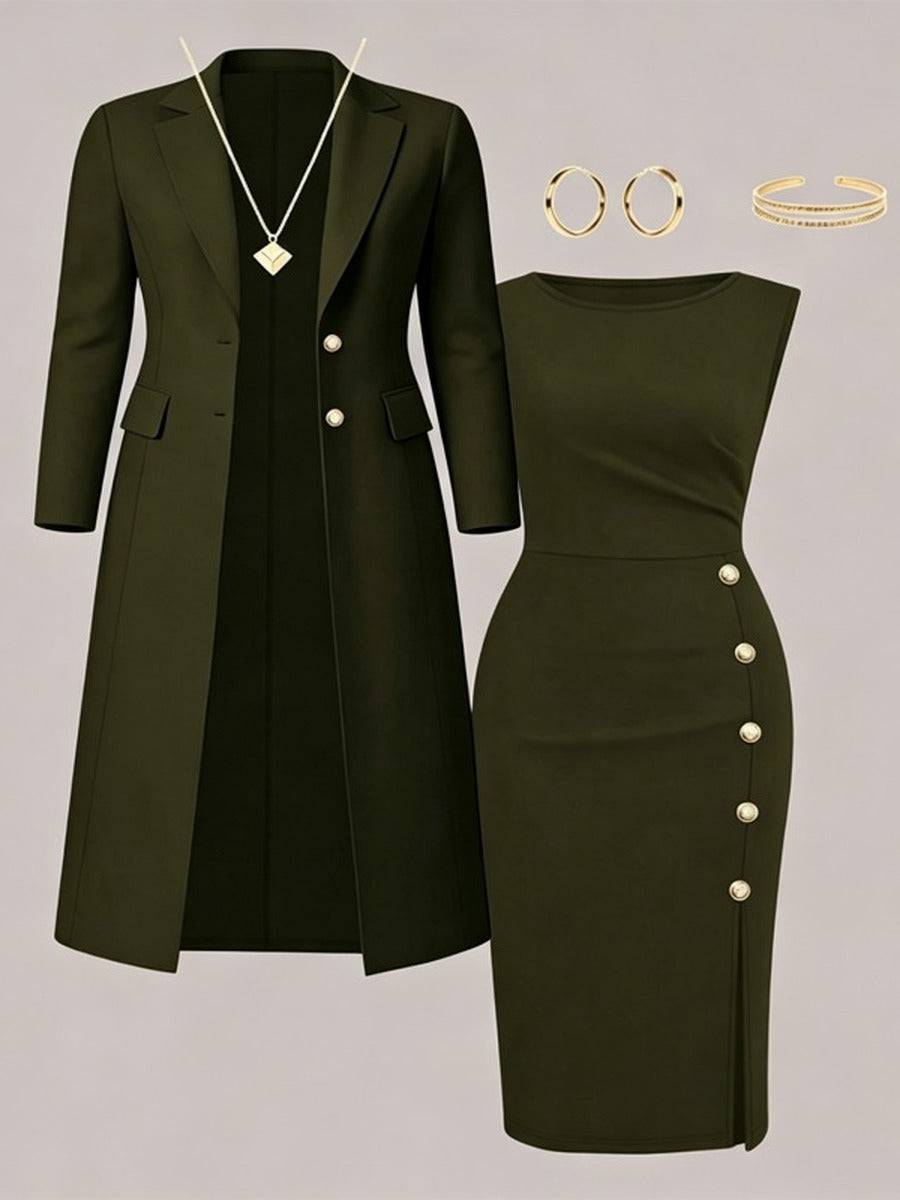 Ainara | Blazer Largo y Vestido con Botones Dorados